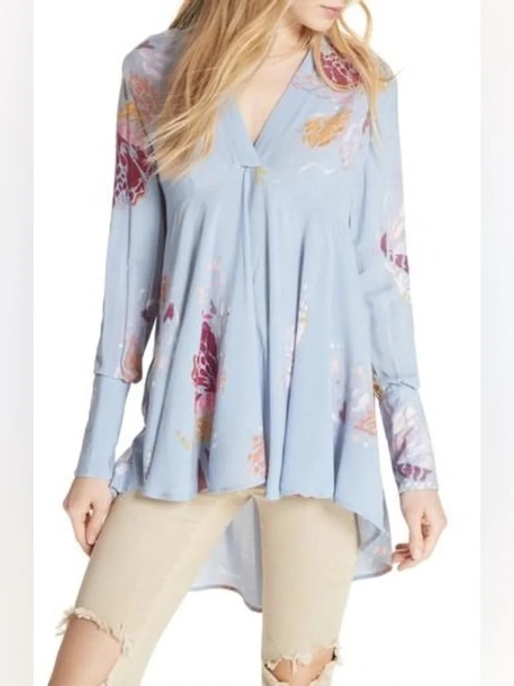 Free People Field of Butterflies Tunic Dress Blue Floral Hi-Low Swing Top Small